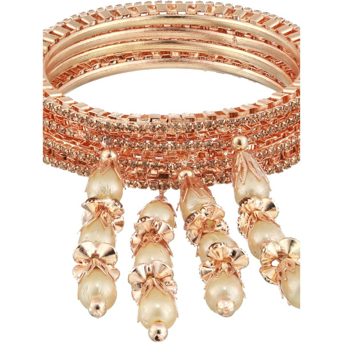 Aatmana Rose Gold Plated & Crystal Studded with Pearl Tassels Bangles (Set of 4) (2.8)