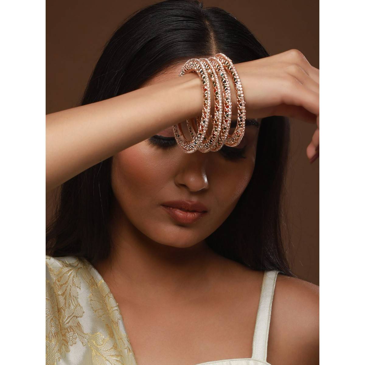 Aatmana Rose Gold Plated Multi-Color Stone & Beaded Bangles (Set of 4)