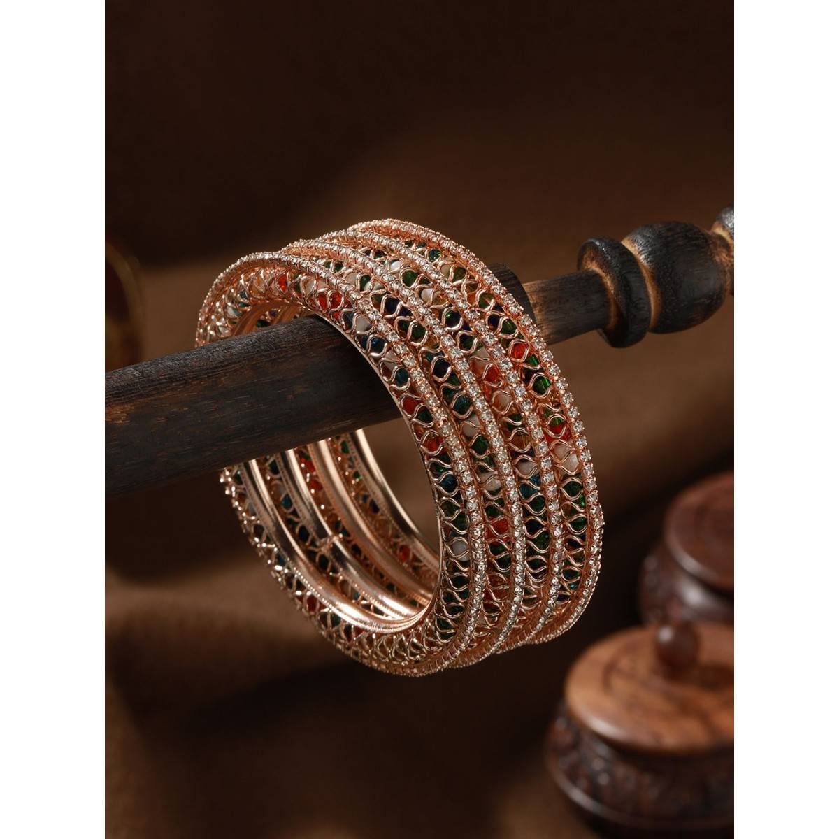 Aatmana Rose Gold Plated Multi-Color Stone & Beaded Bangles (Set of 4)