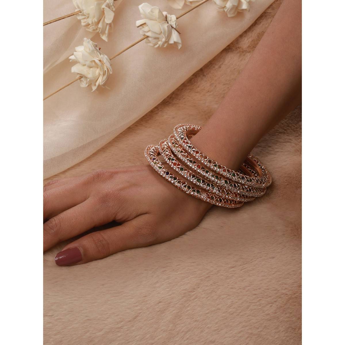 Aatmana Rose Gold Plated Multi-Color Stone & Beaded Bangles (Set of 4)