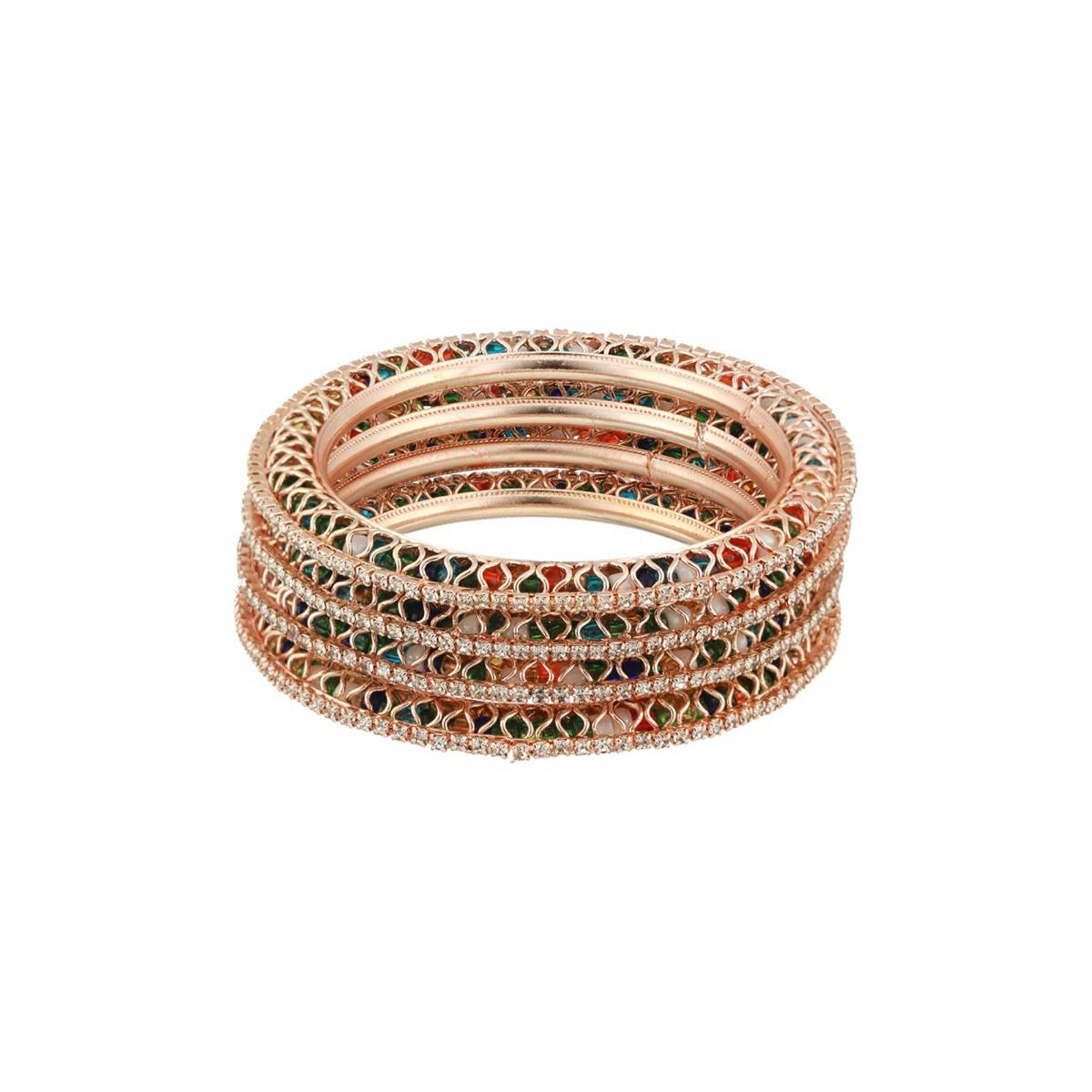 Aatmana Rose Gold Plated Multi-Color Stone & Beaded Bangles (Set of 4)