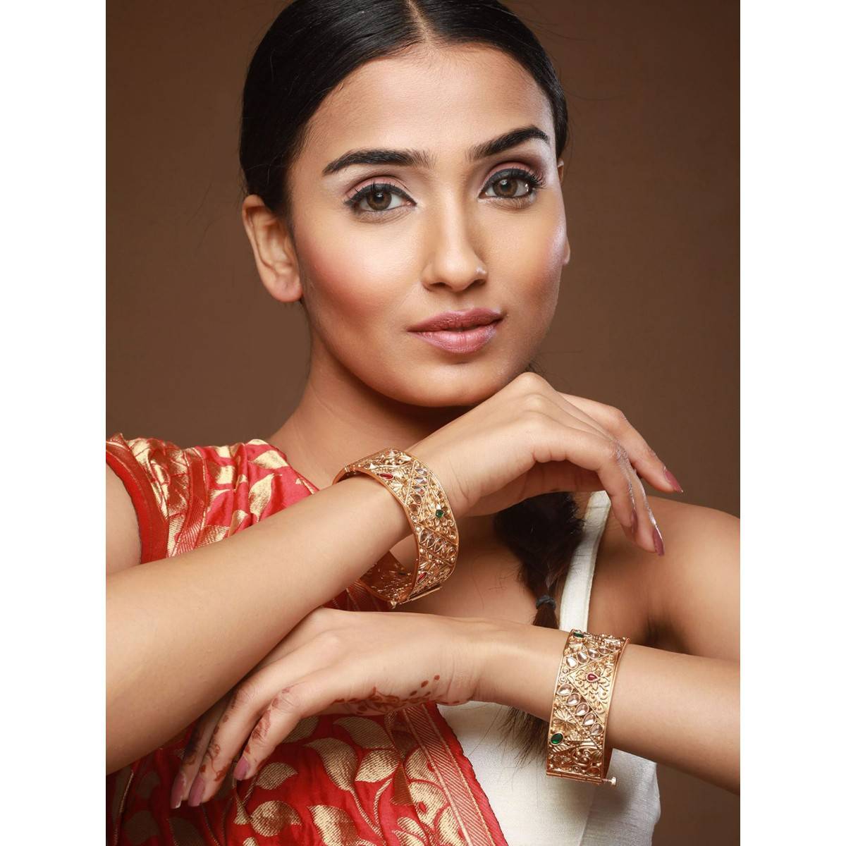 Aatmana Copper 24K Gold Plated Green Stone Studded Handcrafted Bangles (Set of 2)