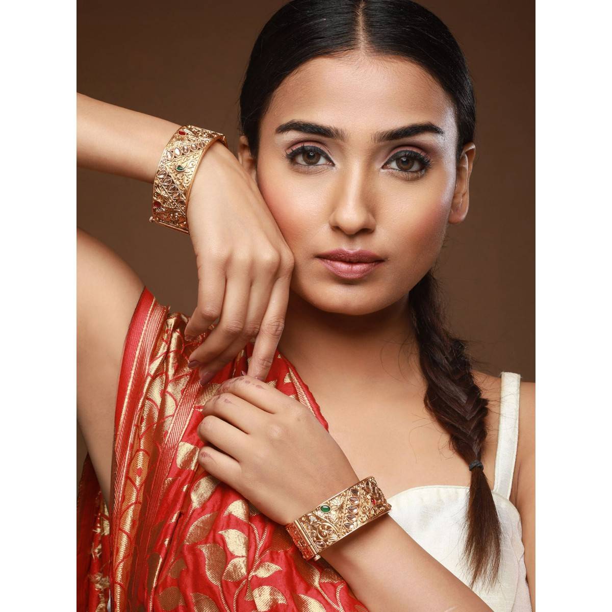 Aatmana Copper 24K Gold Plated Green Stone Studded Handcrafted Bangles (Set of 2)