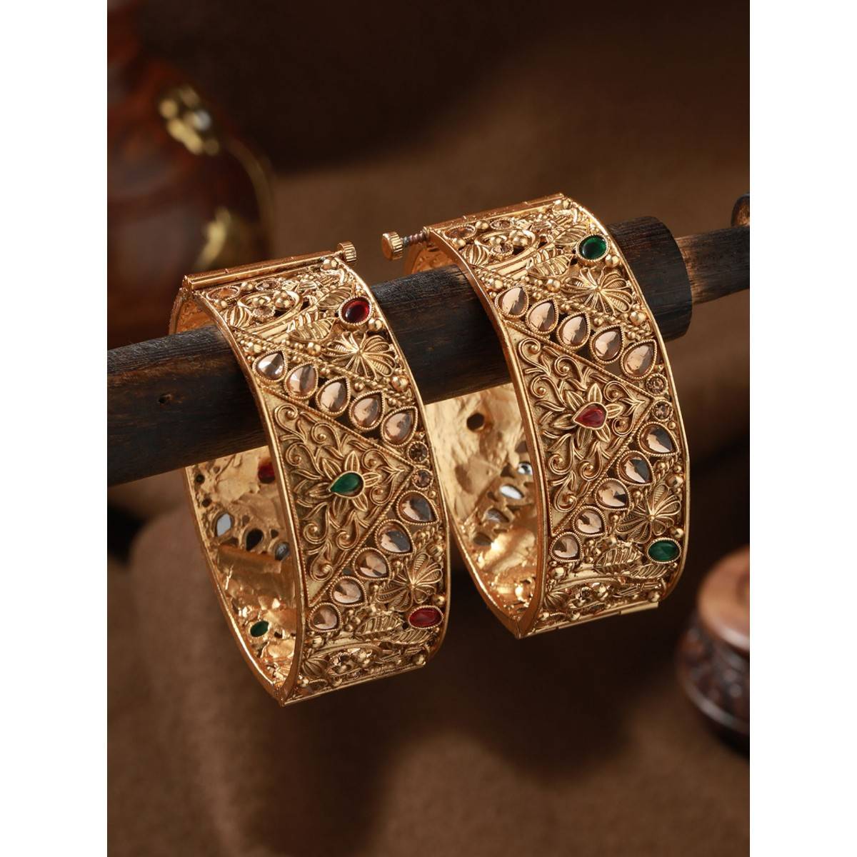 Aatmana Copper 24K Gold Plated Green Stone Studded Handcrafted Bangles (Set of 2)