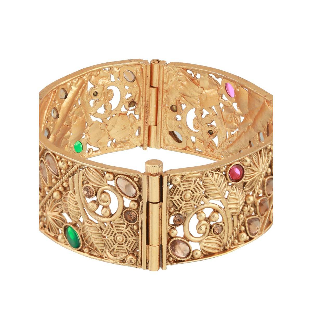 Aatmana Copper 24K Gold Plated Green Stone Studded Handcrafted Bangles (Set of 2)