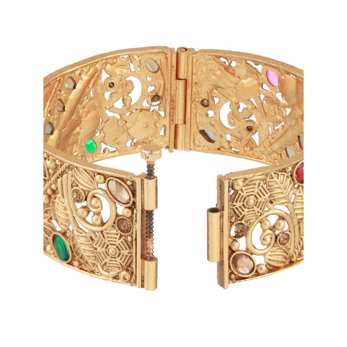 Aatmana Copper 24K Gold Plated Green Stone Studded Handcrafted Bangles (Set of 2)