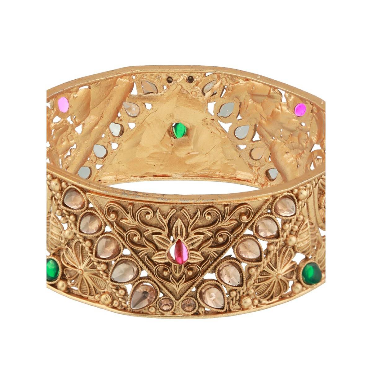 Aatmana Copper 24K Gold Plated Green Stone Studded Handcrafted Bangles (Set of 2)