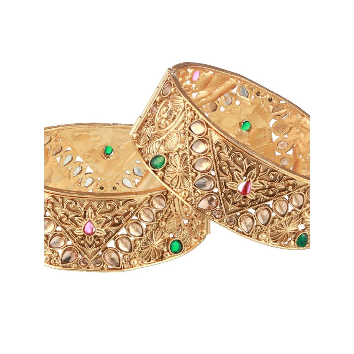 Aatmana Copper 24K Gold Plated Green Stone Studded Handcrafted Bangles (Set of 2)