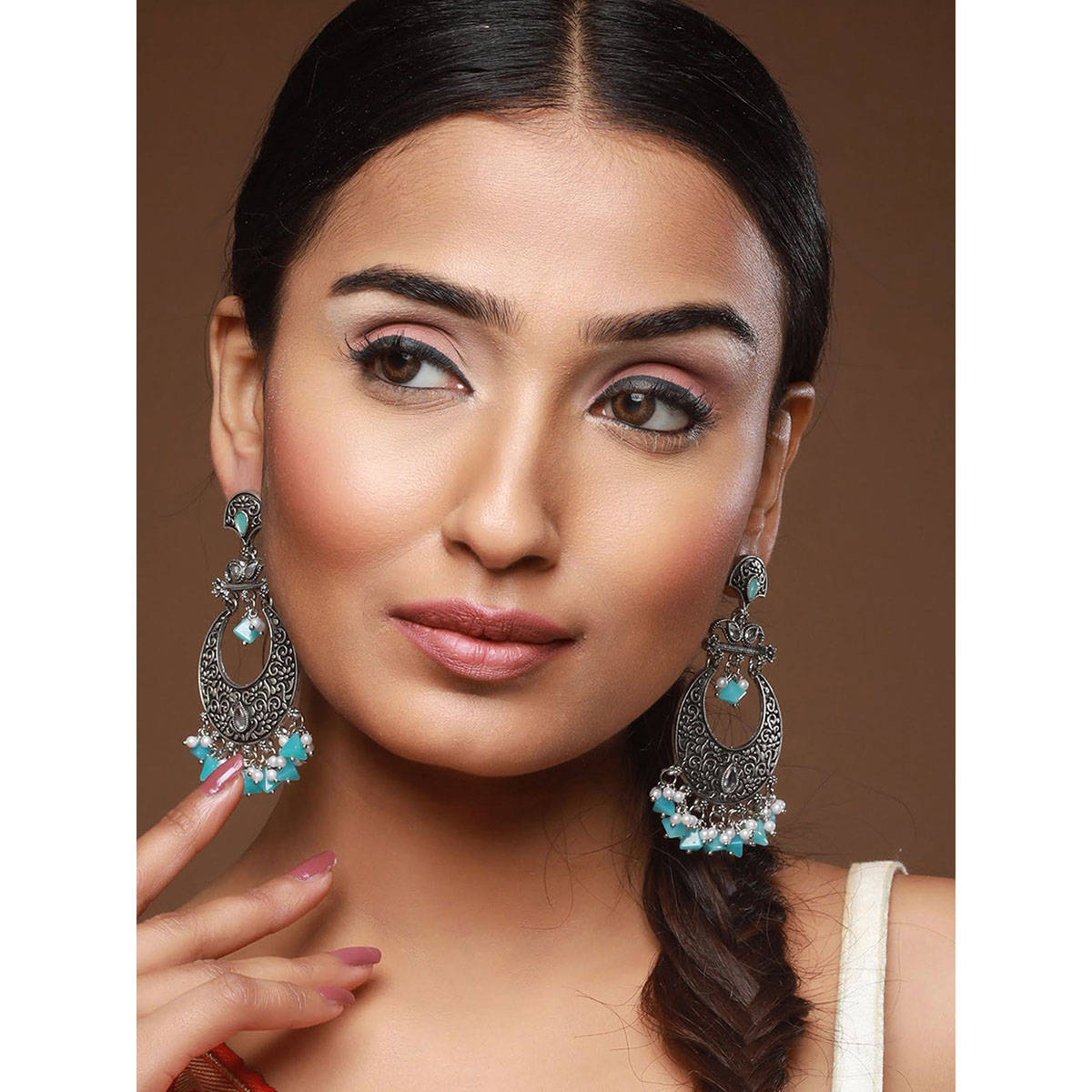 Aatmana Oxidised Silver-Toned & Blue Stone Studded Chandbalis