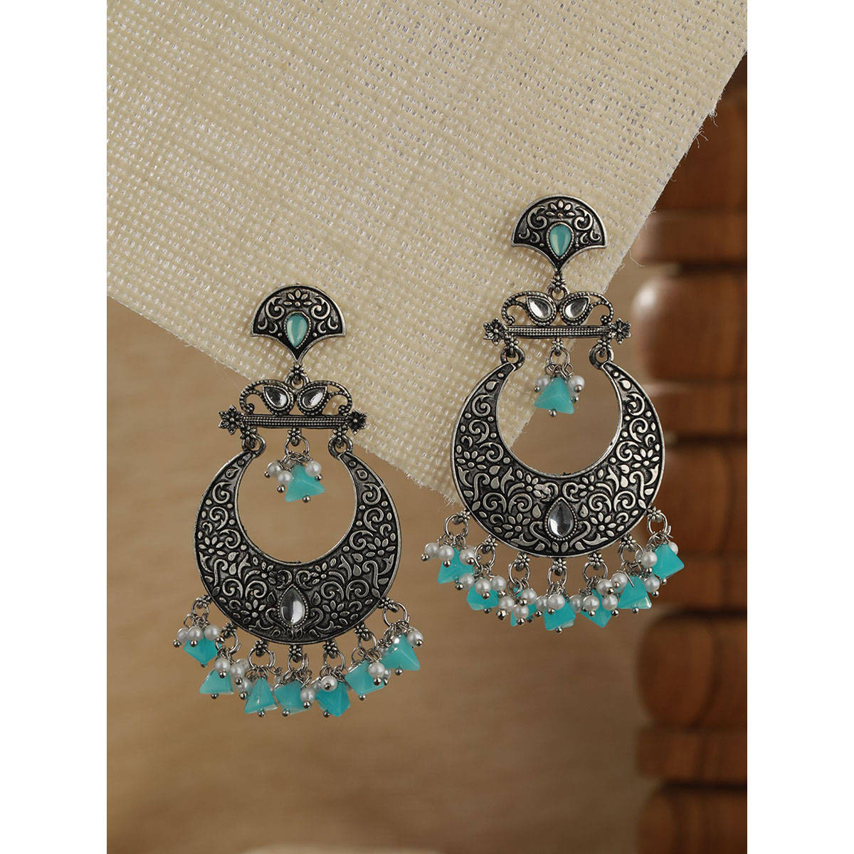 Aatmana Oxidised Silver-Toned & Blue Stone Studded Chandbalis