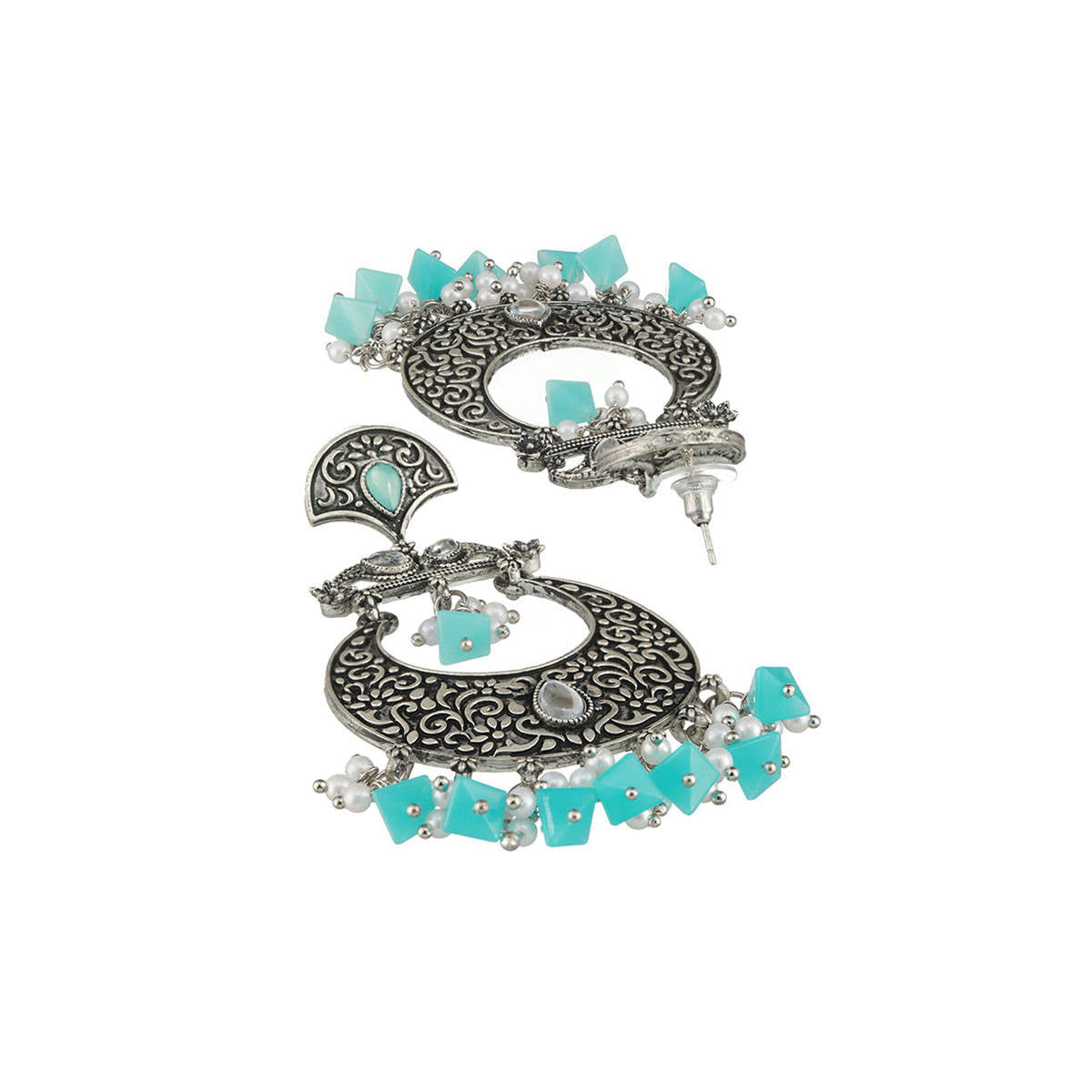 Aatmana Oxidised Silver-Toned & Blue Stone Studded Chandbalis
