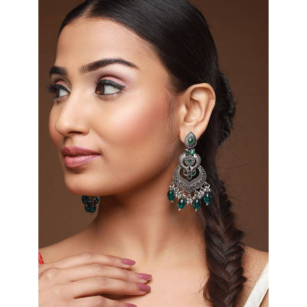 Aatmana Green Silver-Plated Kundan Studded Fish Shaped Chandbalis
