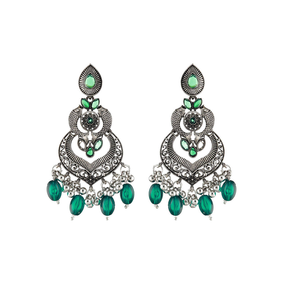 Aatmana Green Silver-Plated Kundan Studded Fish Shaped Chandbalis