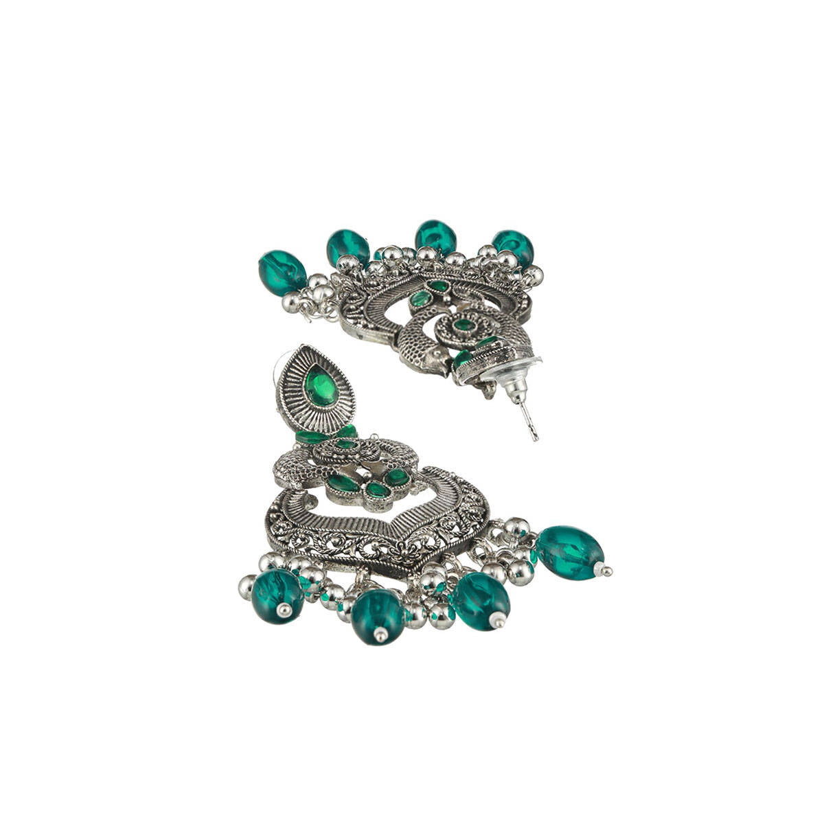 Aatmana Green Silver-Plated Kundan Studded Fish Shaped Chandbalis