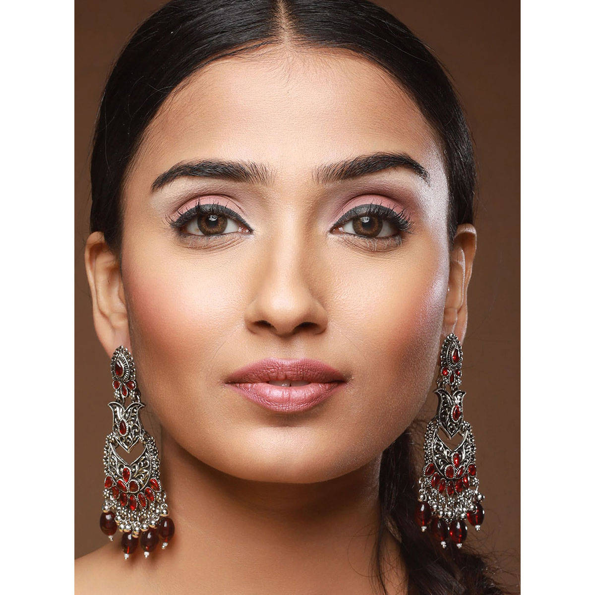Aatmana Silver-Toned & Red Classic Chandbalis