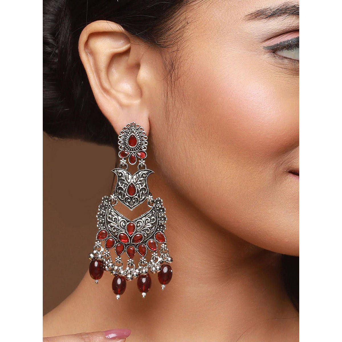 Aatmana Silver-Toned & Red Classic Chandbalis