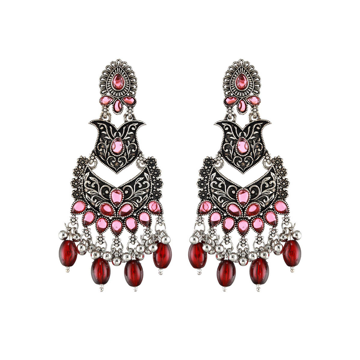 Aatmana Silver-Toned & Red Classic Chandbalis