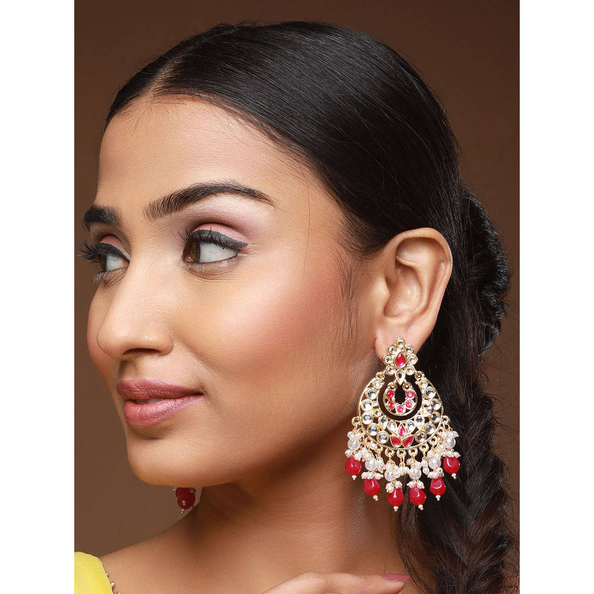 Aatmana Gold-Plated & Red Kundan Classic Chandbalis Earrings