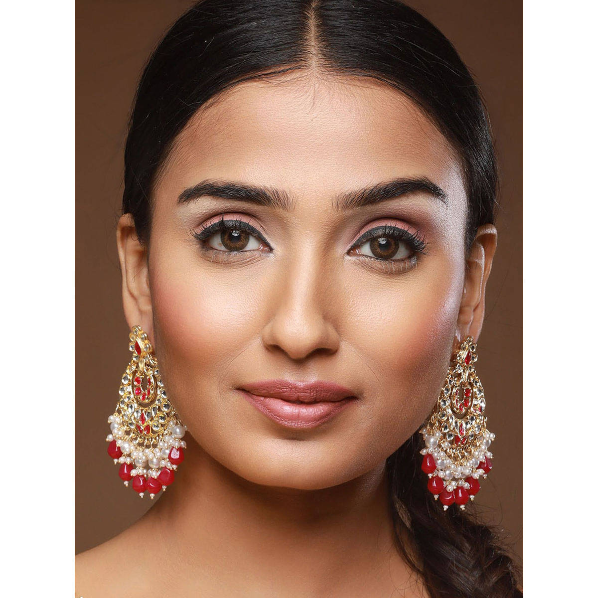 Aatmana Gold-Plated & Red Kundan Classic Chandbalis Earrings · One Size