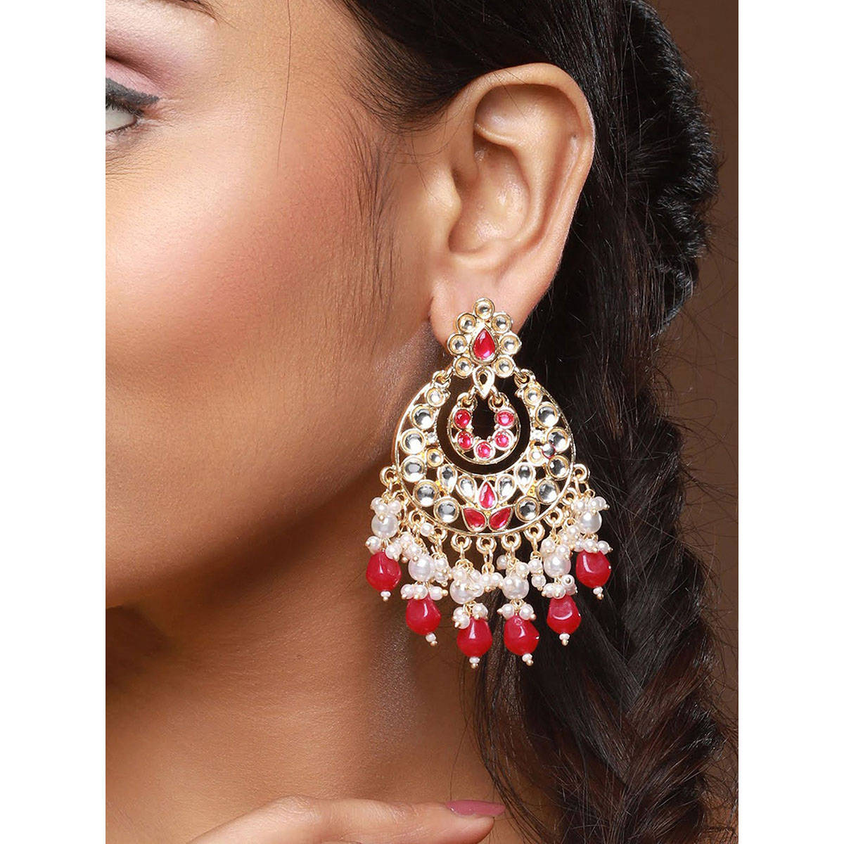 Aatmana Gold-Plated & Red Kundan Classic Chandbalis Earrings