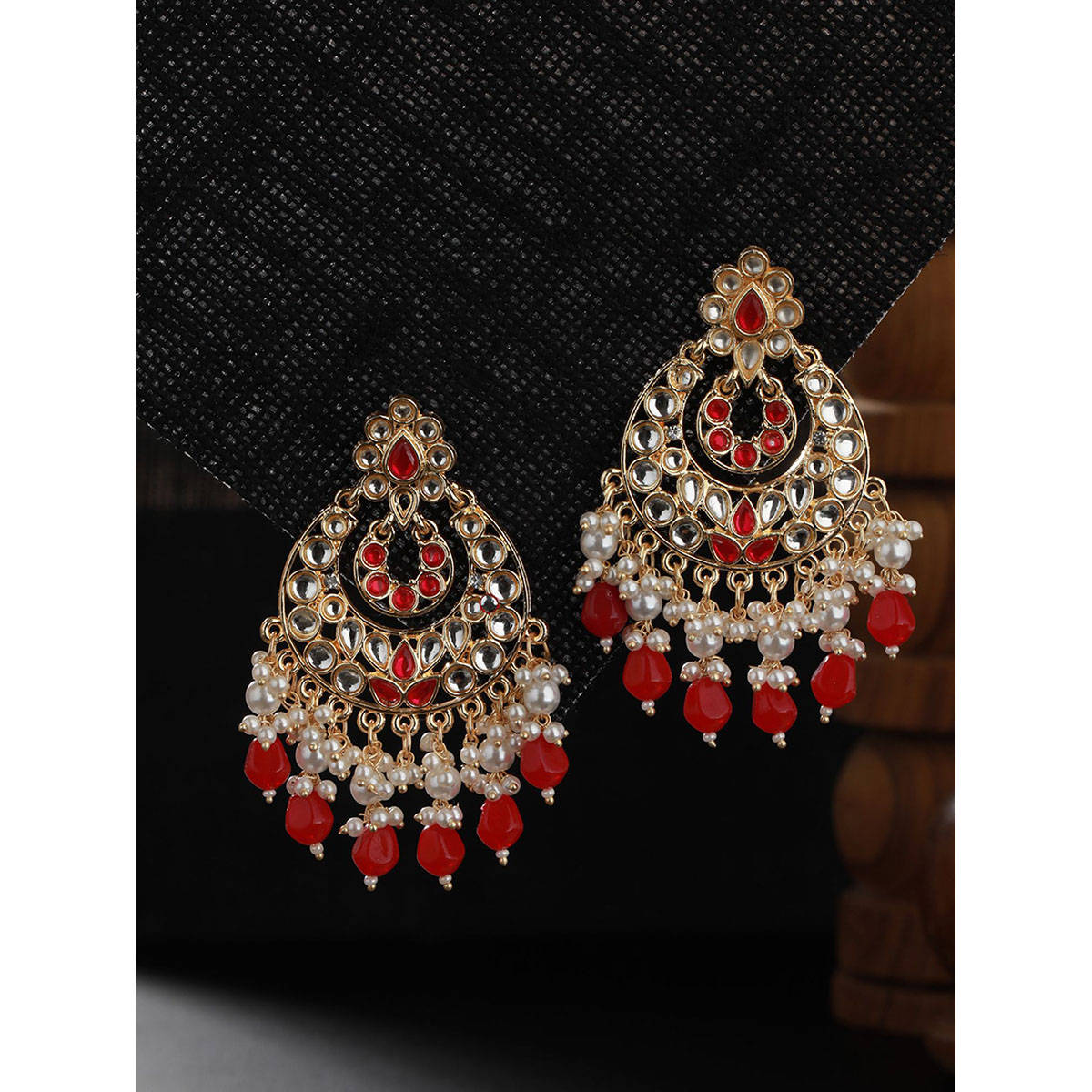 Aatmana Gold-Plated & Red Kundan Classic Chandbalis Earrings