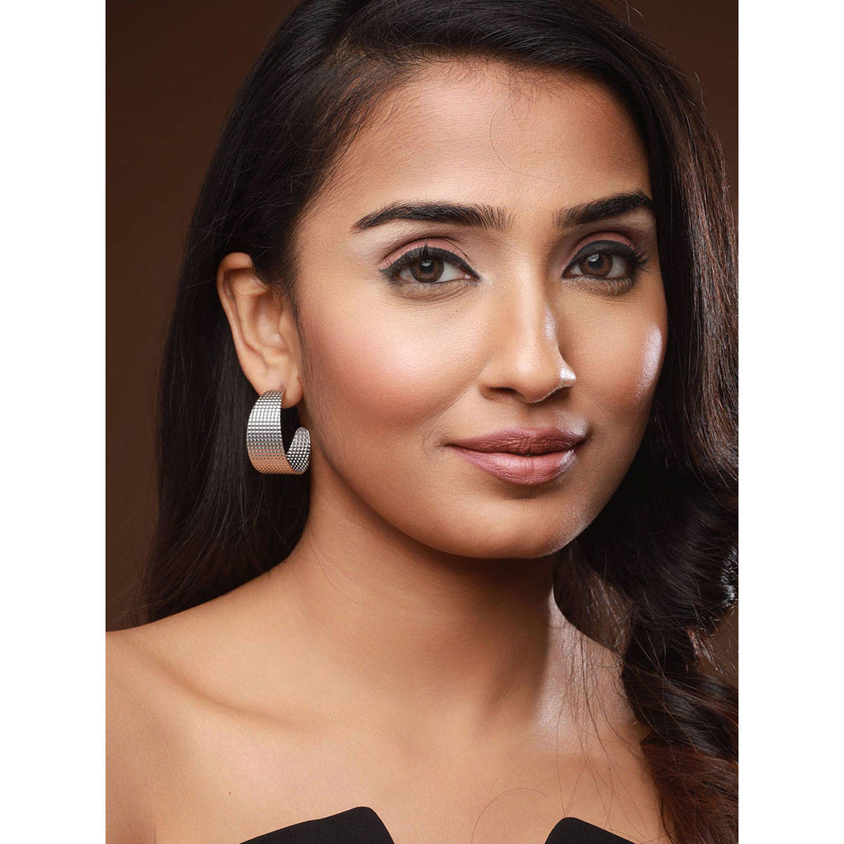 Aatmana Contemporary Bold Silver-Toned Textured Oversized Concave Open-Hoop Earrings · One Size