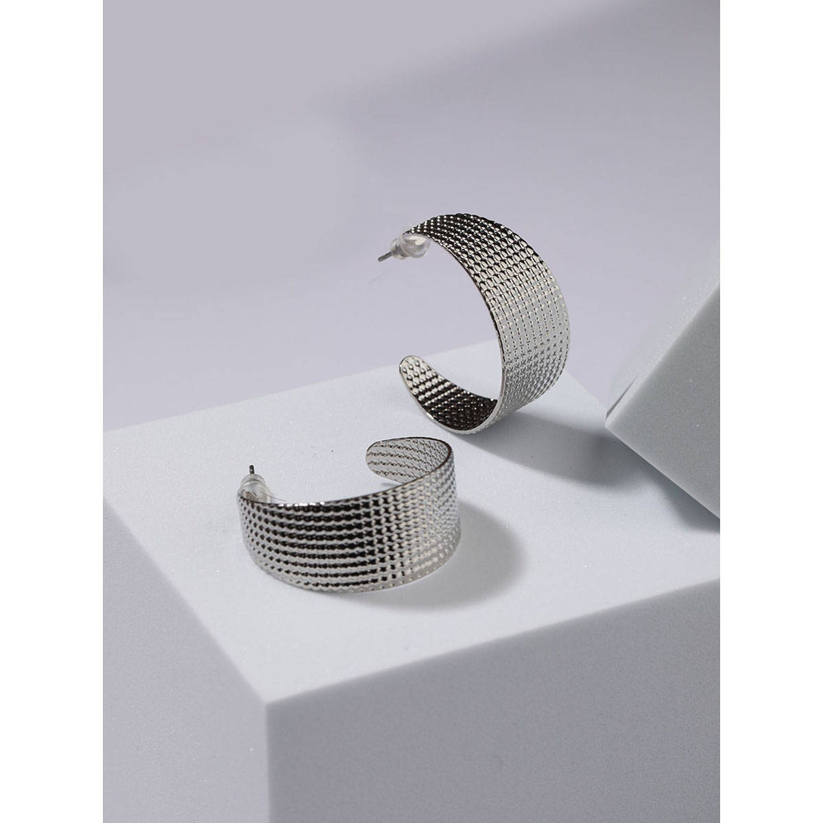 Aatmana Contemporary Bold Silver-Toned Textured Oversized Concave Open-Hoop Earrings