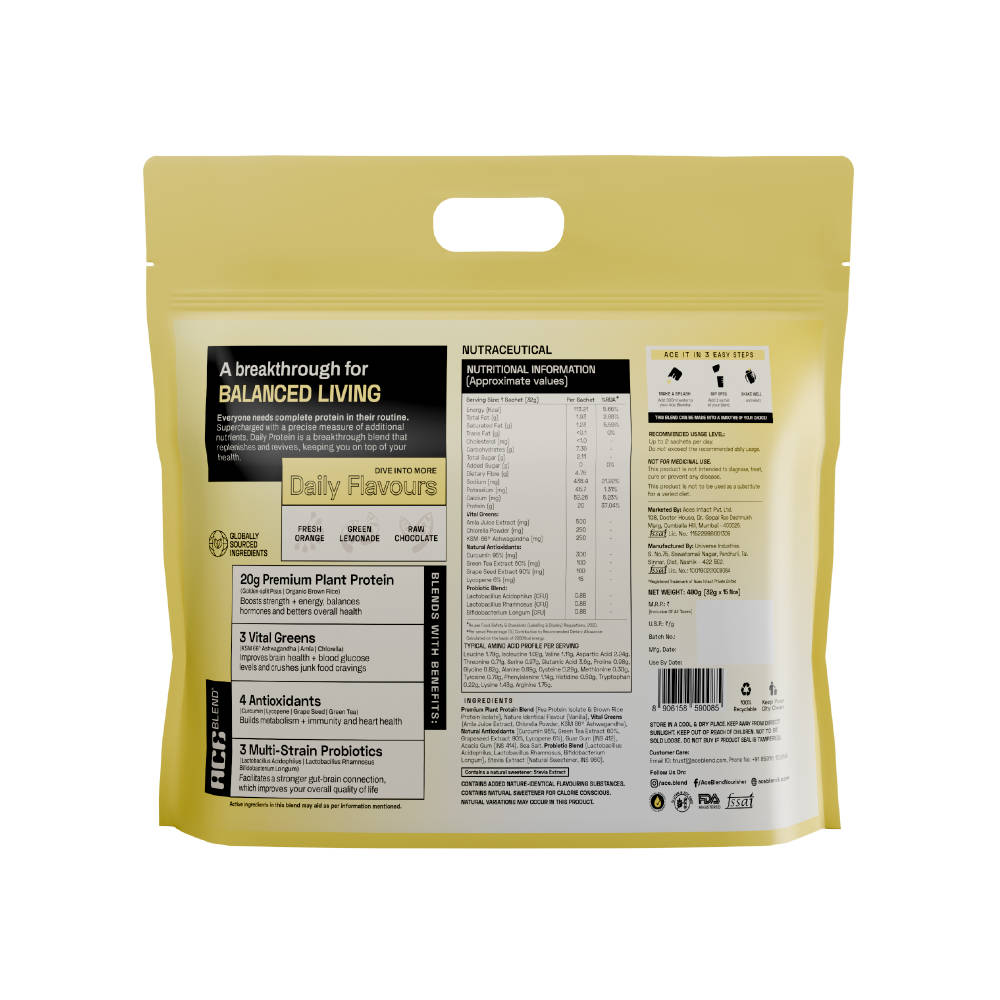 Ace Blend Daily 20g Plant Protein For Strength & Recovery With No Added Sugar - Vanilla Bean · 5 sachets