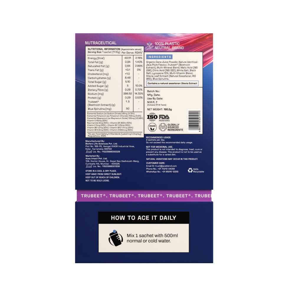 Ace Blend Hydro Hype Natural Beetroot Extract With Vitamins & Minerals Sachets - Java Plum · 5 sachets