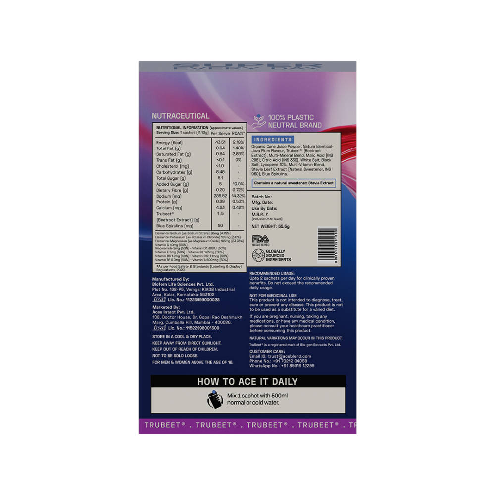 Ace Blend Hydro Hype Natural Beetroot Extract With Vitamins & Minerals Sachets - Java Plum · 5 sachets
