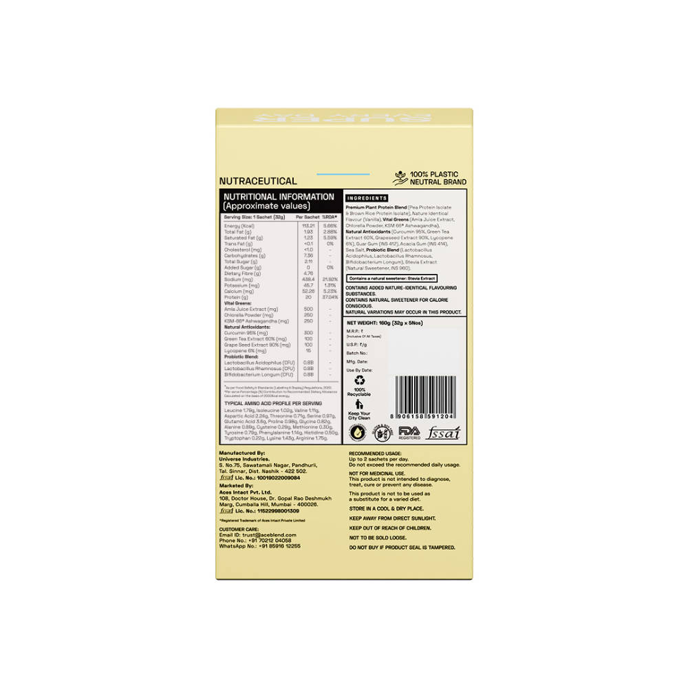 Ace Blend Daily 20g Plant Protein For Strength & Recovery With No Added Sugar - Vanilla Bean · 5 sachets