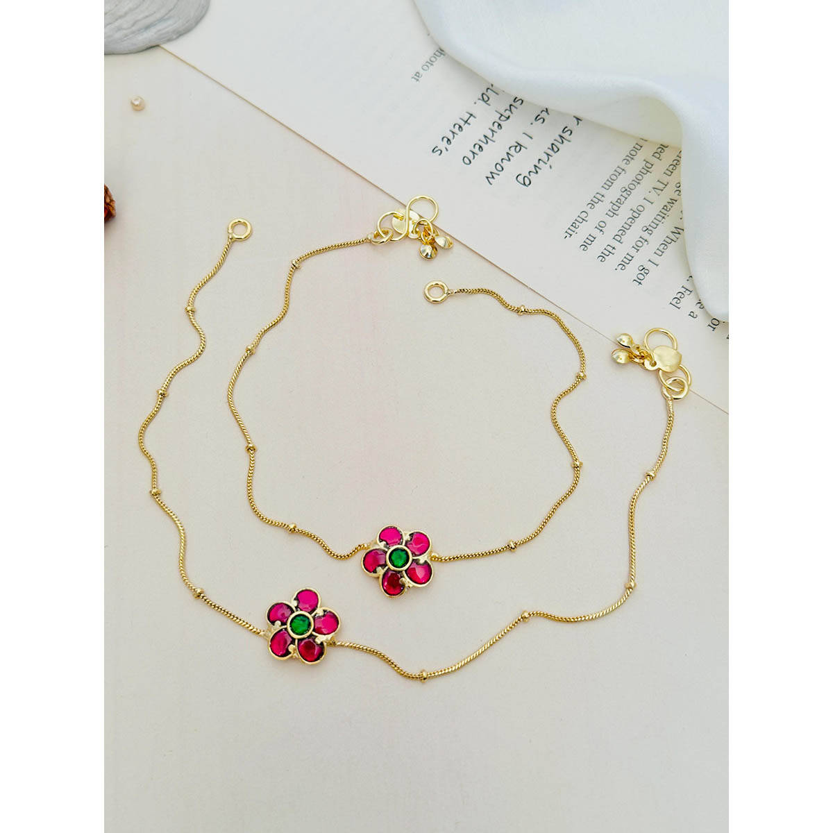 Abdesigns Pink and Green Floral Enchanting Pachi Kundan Gold Plated Anklet