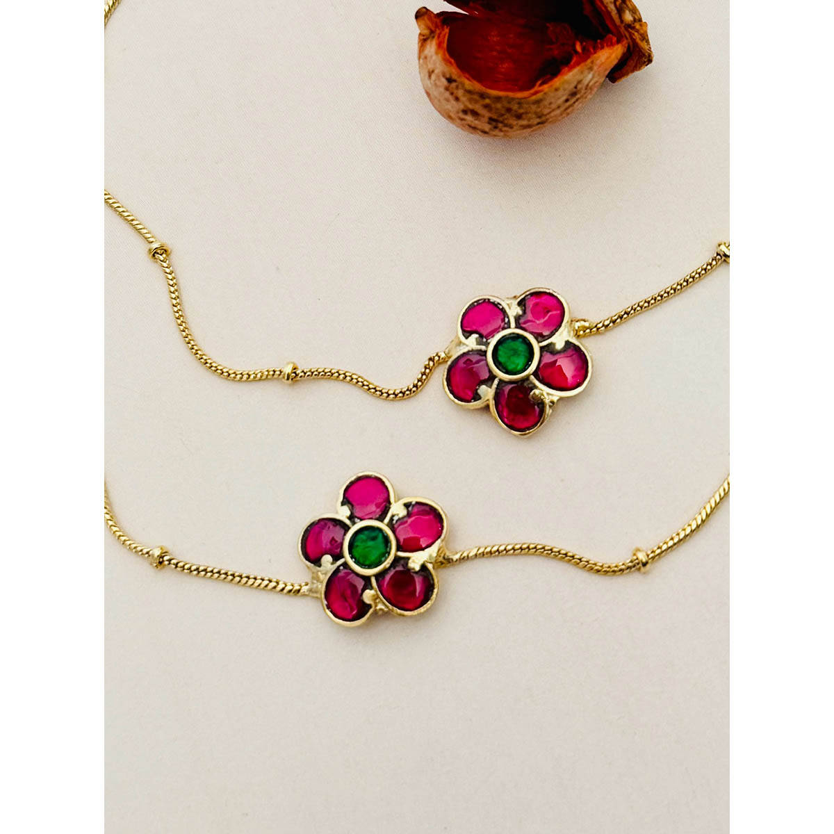 Abdesigns Pink and Green Floral Enchanting Pachi Kundan Gold Plated Anklet