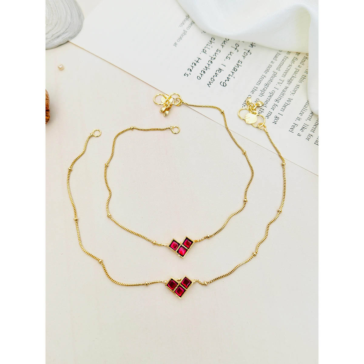 Abdesigns Pink Enchanting Pachi Kundan Gold Plated Anklet