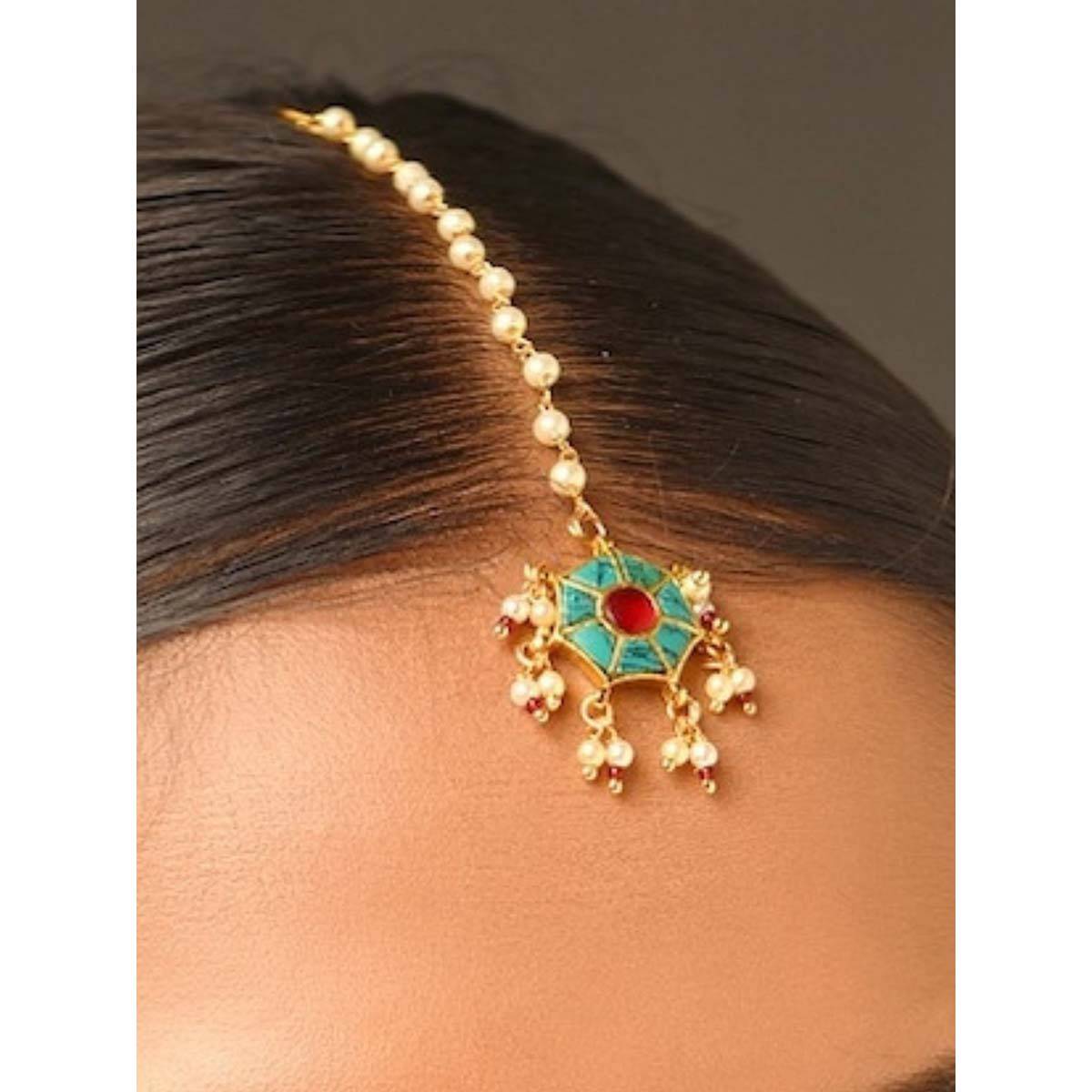 Abdesigns Elite Gold Plated Multi-Color Pachi Kundan Floral Maangtikka