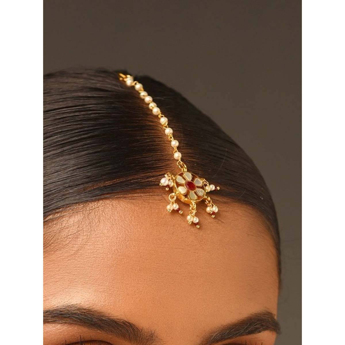 Abdesigns Elite Gold Plated Red Pachi Kundan Floral Maangtikka