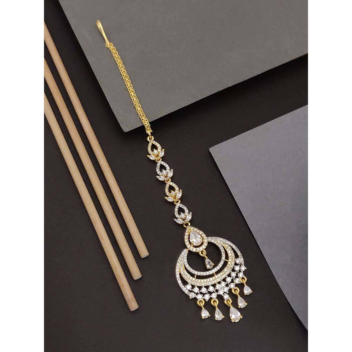 Abdesigns Elite Gold Plated White American Diamond Maangtikka