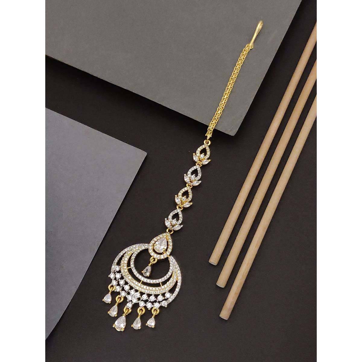 Abdesigns Elite Gold Plated White American Diamond Maangtikka