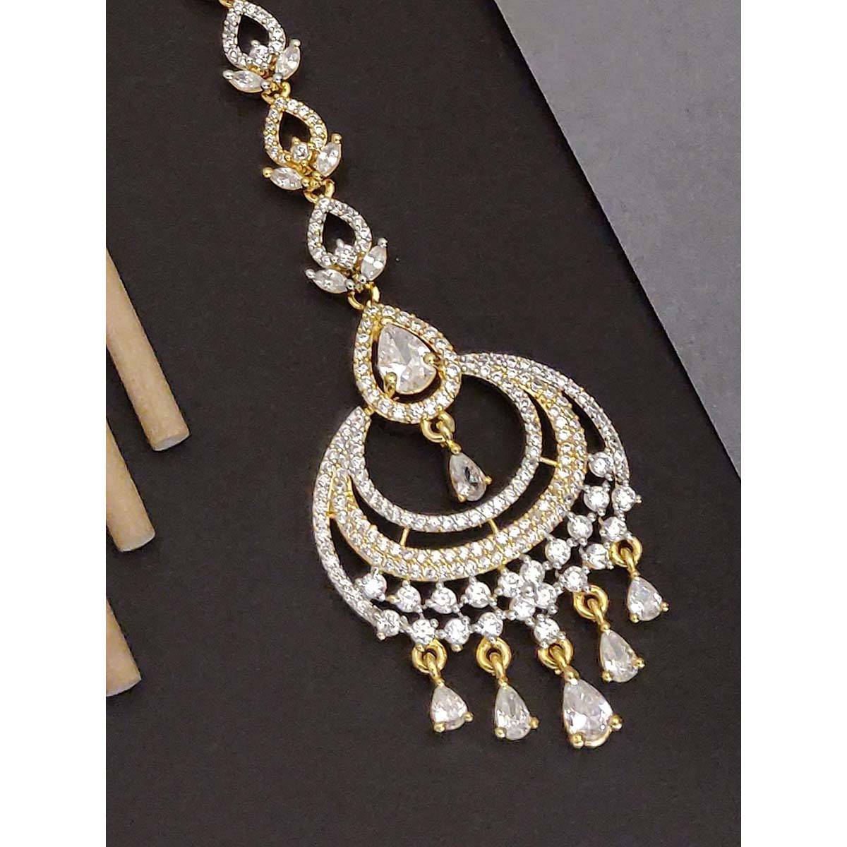 Abdesigns Elite Gold Plated White American Diamond Maangtikka