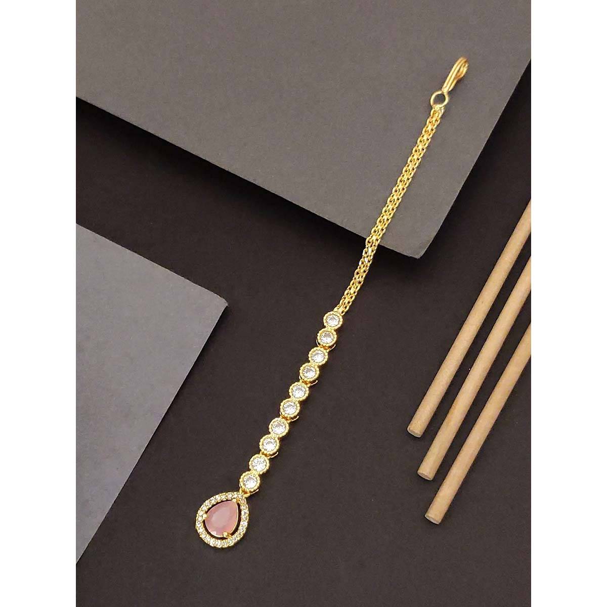 Abdesigns Elite Gold Plated Pink American Diamond Maangtikka