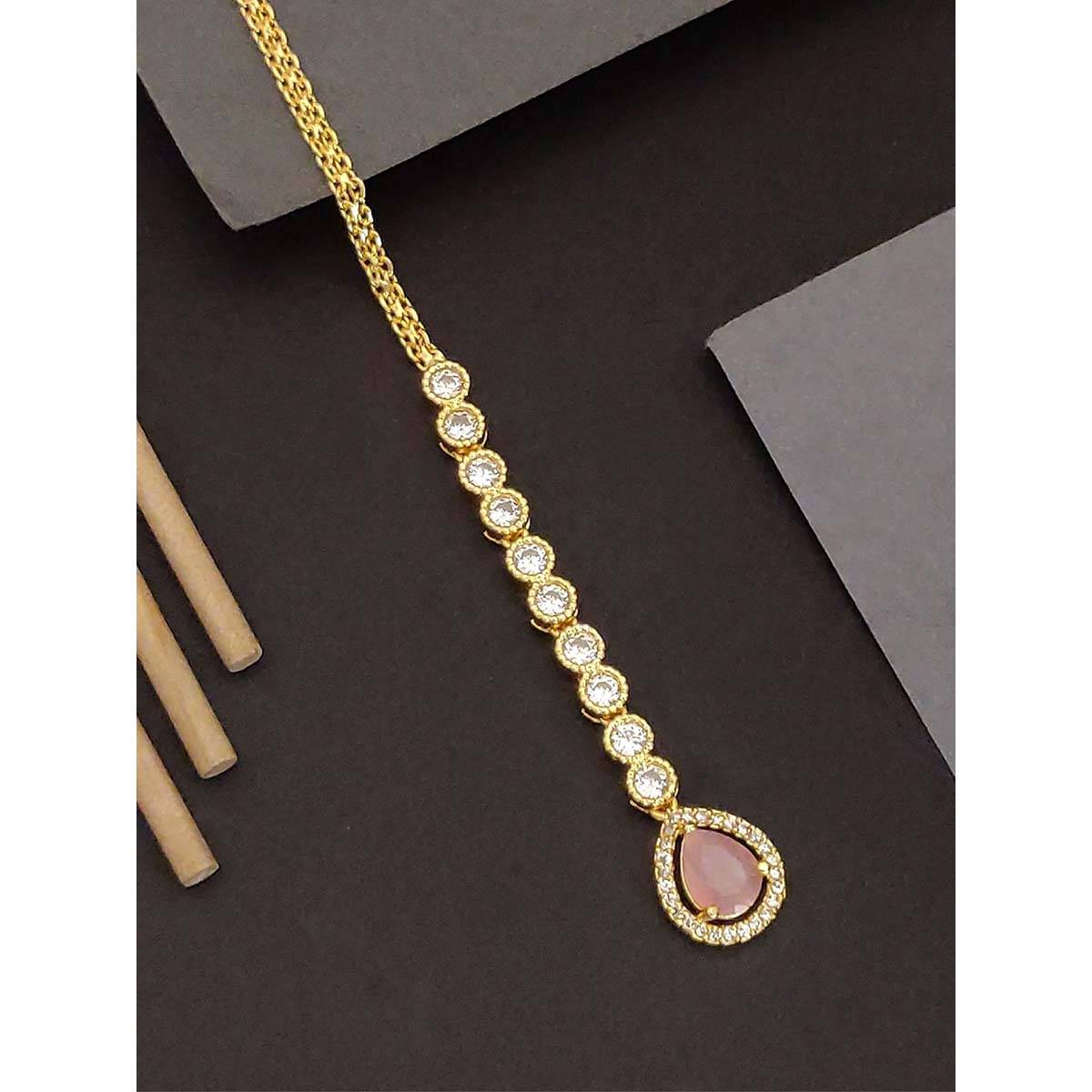 Abdesigns Elite Gold Plated Pink American Diamond Maangtikka