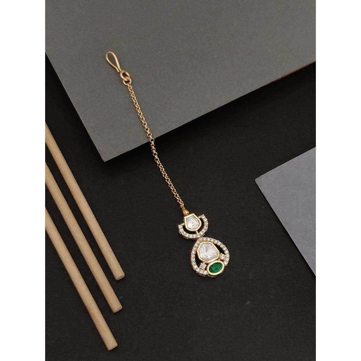 Abdesigns Elite Gold Plated Green Stone Studded Maangtikka