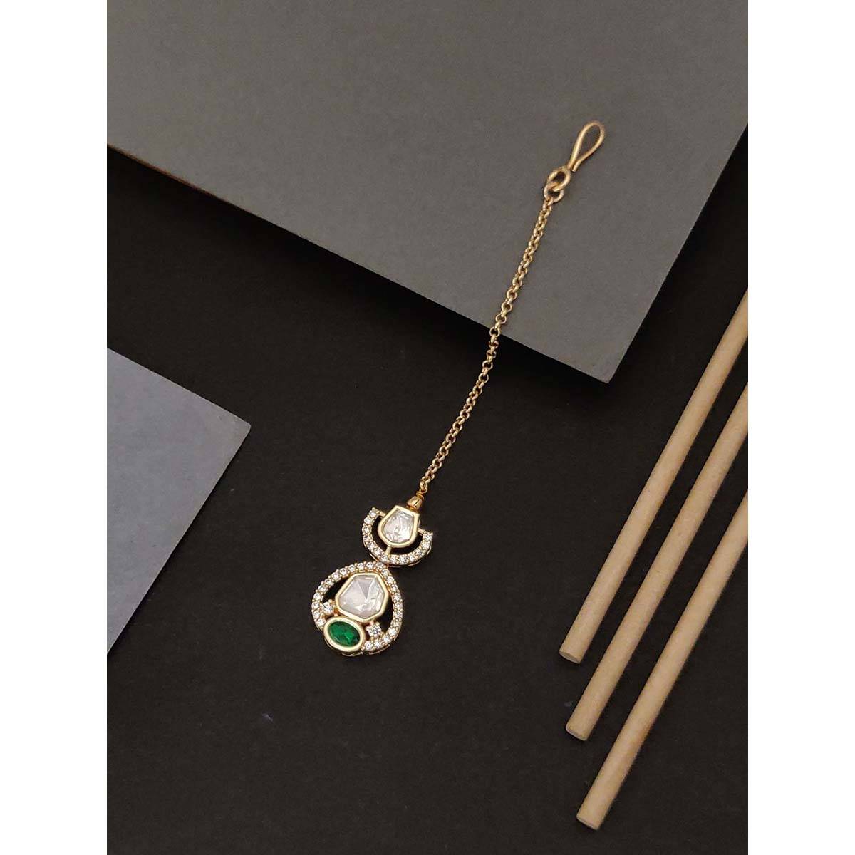 Abdesigns Elite Gold Plated Green Stone Studded Maangtikka
