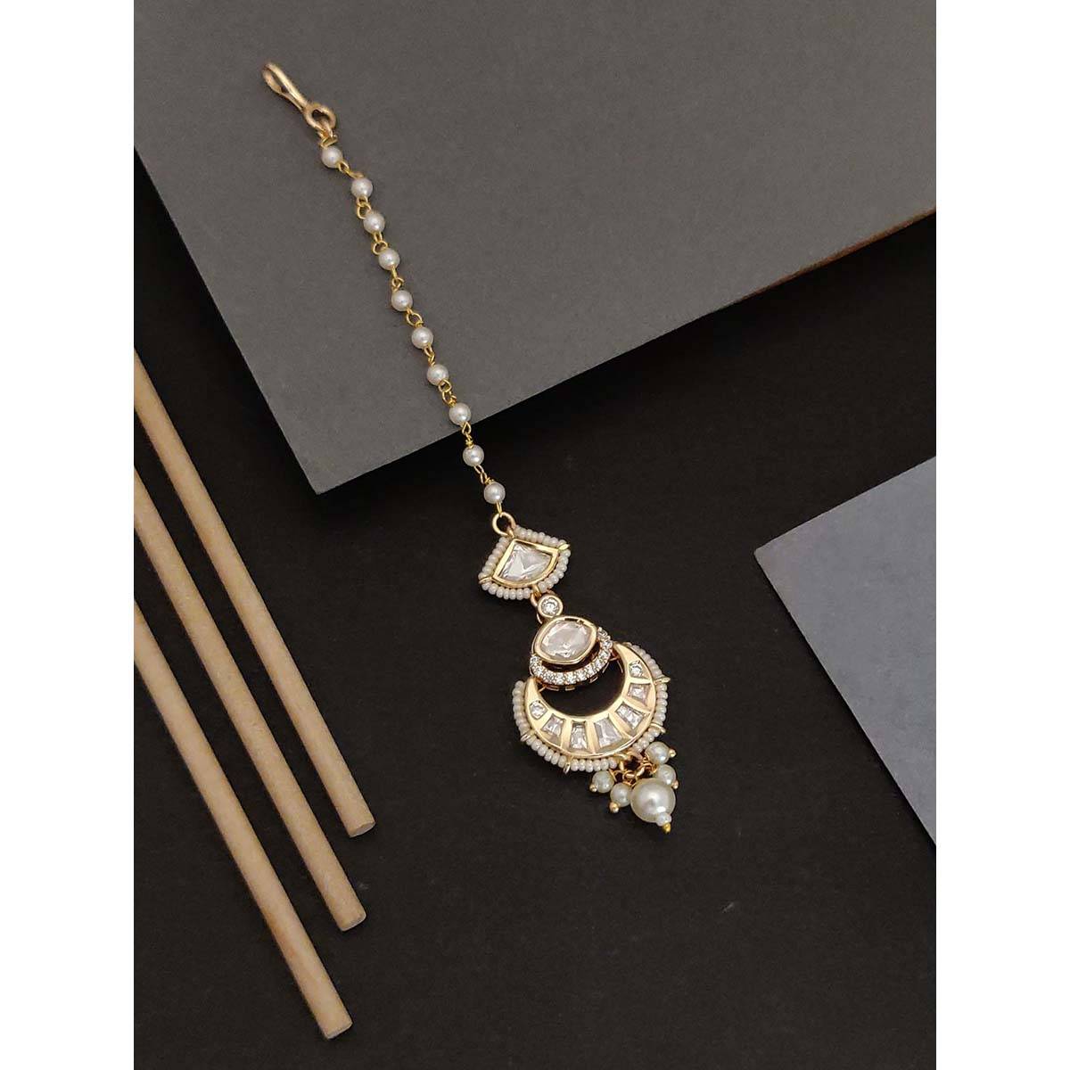 Abdesigns Gold Plated White Kundan and Pearl Studded Maangtikka