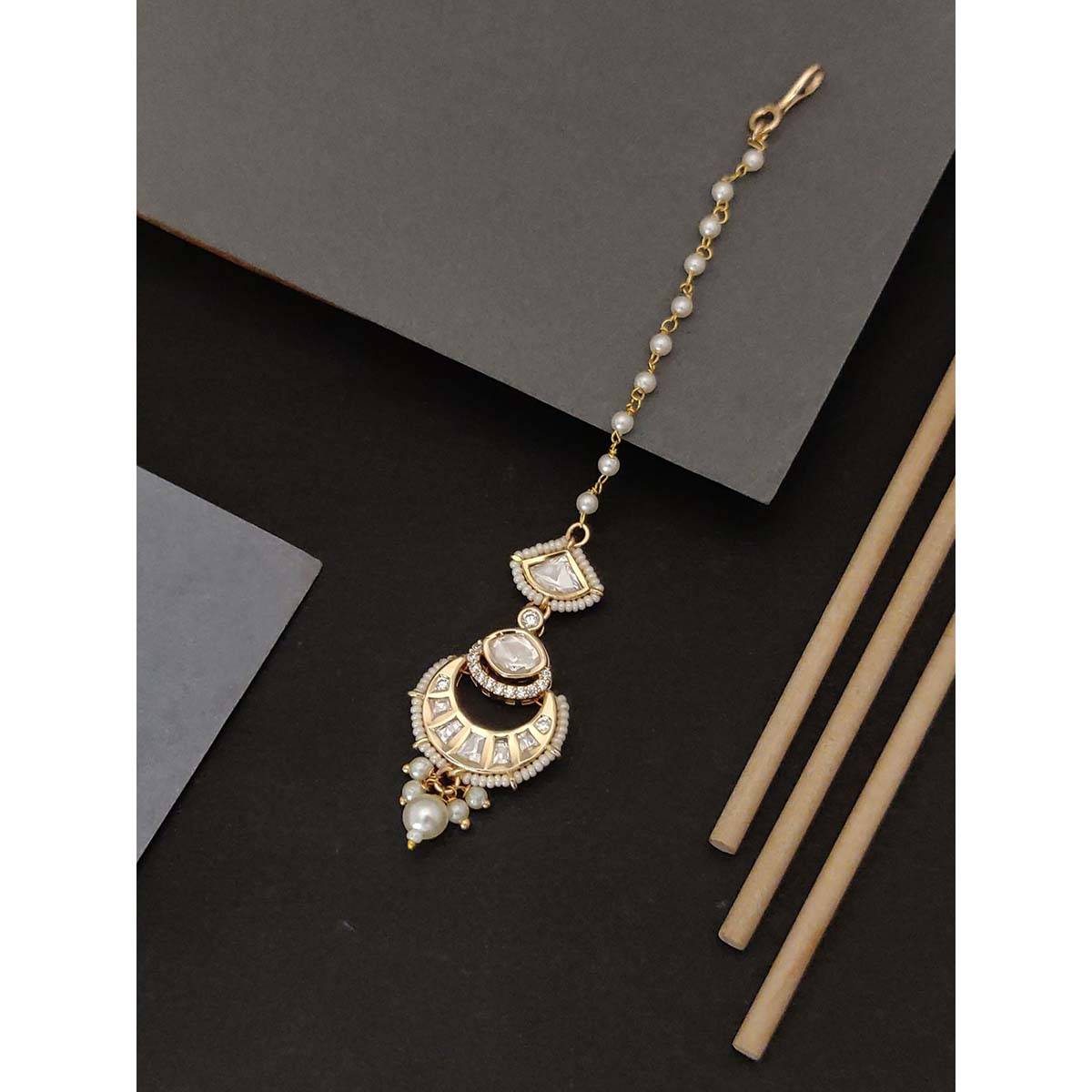 Abdesigns Gold Plated White Kundan and Pearl Studded Maangtikka