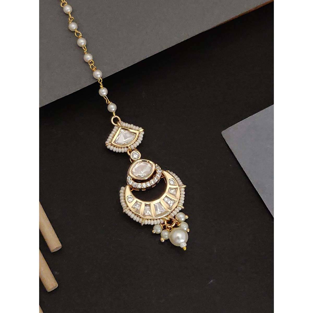 Abdesigns Gold Plated White Kundan and Pearl Studded Maangtikka