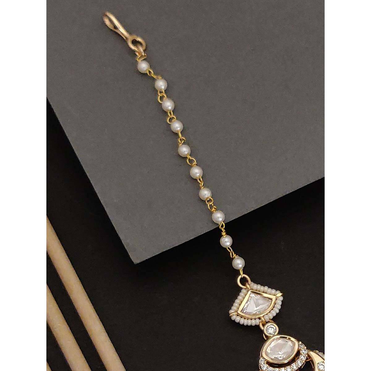 Abdesigns Gold Plated White Kundan and Pearl Studded Maangtikka