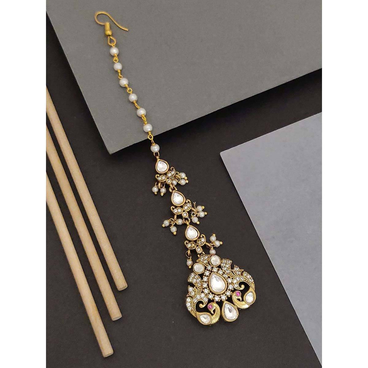 Abdesigns Stylish Gold Plated Pink and White Stone Polki Maangtikka