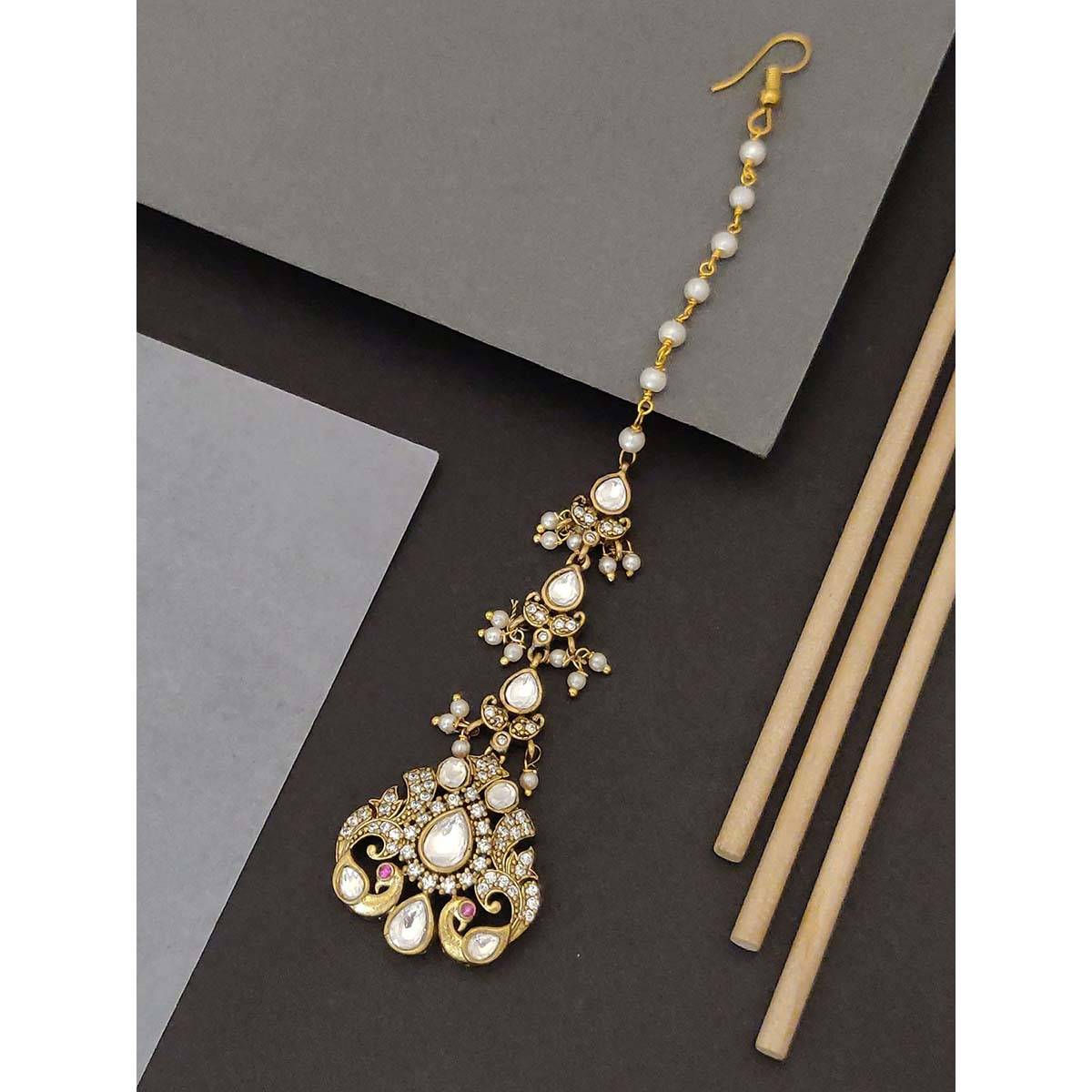 Abdesigns Stylish Gold Plated Pink and White Stone Polki Maangtikka