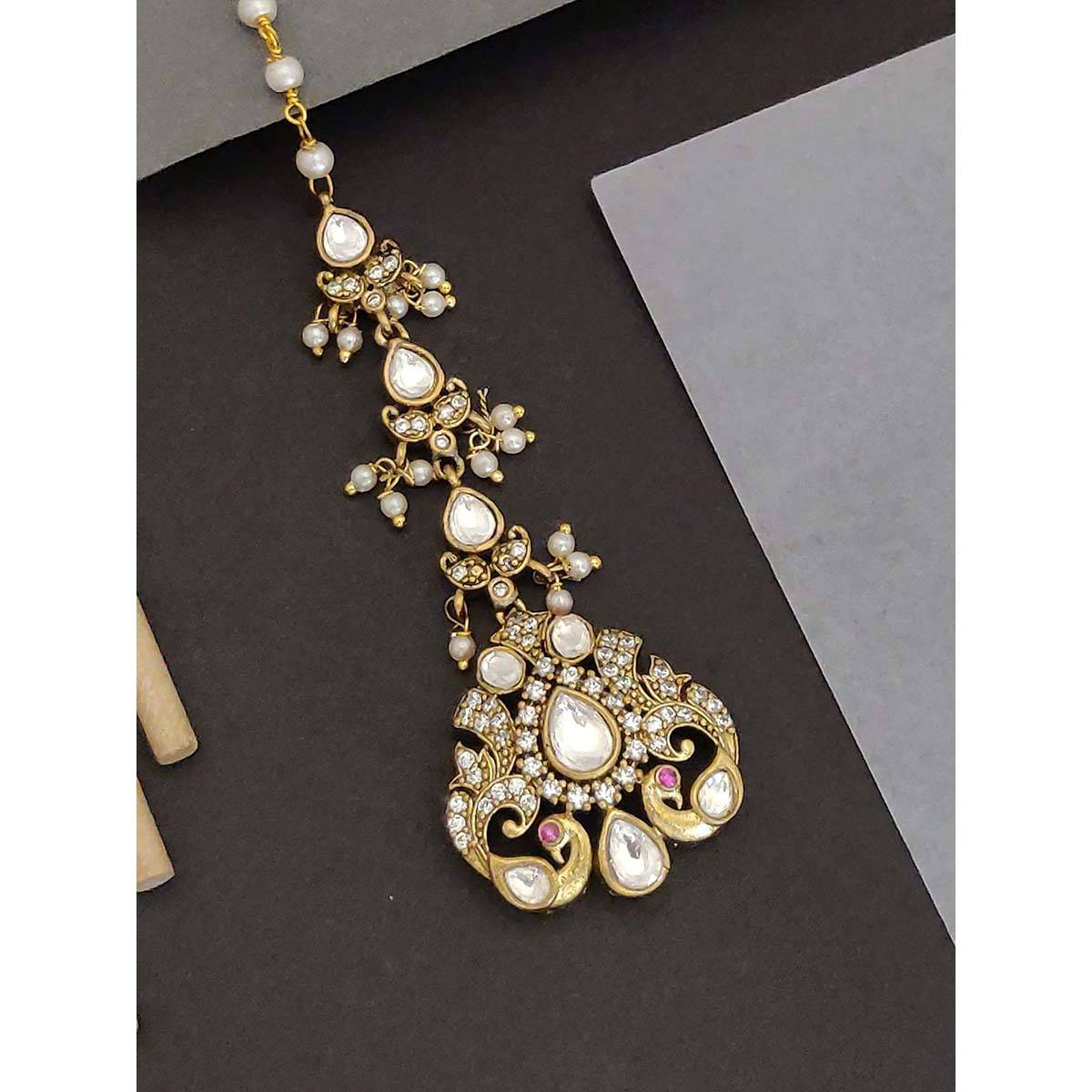Abdesigns Stylish Gold Plated Pink and White Stone Polki Maangtikka